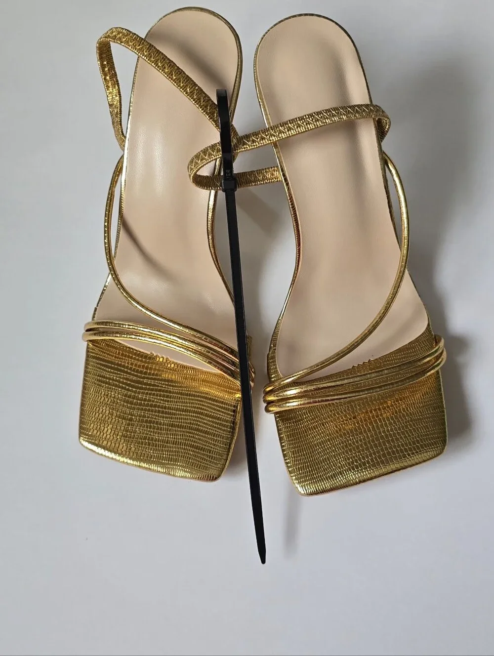Gold Metallic Strappy Square-Toe Heeled Sandals